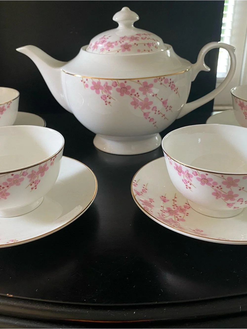 Teavana White Porcelain Tea Set with Pink Floral and Gold Trim